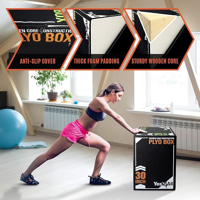 Yes4All 3-in-1 Soft-Padded Plyo Box With Wooden Core, Non-Slip Multi-Use Cushioned Plyometric Jump Box for Jumping, Conditioning, Strength Training