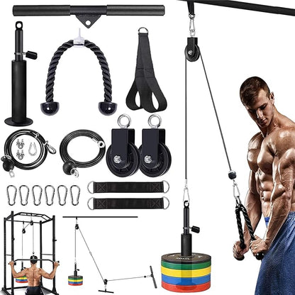 Cable Pulley System Fitness Home Gym Accessories Pro Weight Lifting Exercise Equipment for LAT Pulldowns Biceps Curl Triceps Extensions Forearm Workout （2 Cables + 3 Handles）