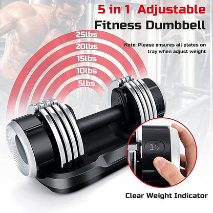 Adjustable Dumbbell, 5-25 lbs Single Dumbbell w/Anti-Slip Handle, PP Tray, 8 Weight Plates, Fast Weight Adjustment, Series Lock System, 5-in-1 Dumbbell Set, Black (FH10051UC)