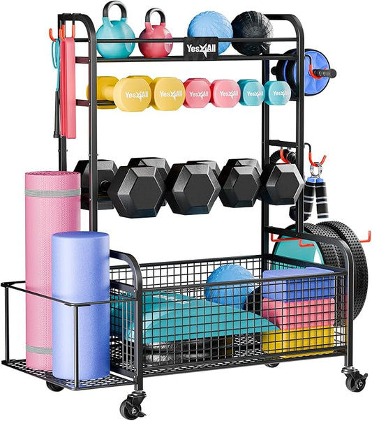 Yes4All All-in-1 Home Gym Storage Rack, Exercise Equipment Organizer - Yoga Mat, Foam Roller, Dumbbells Kettlebells and Weight Rack for Home Gym, Workout Organization Cart with Hooks and Casters