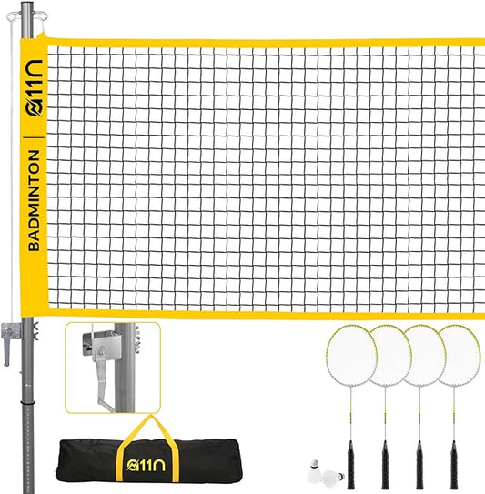 A11N Outdoor Badminton Set - Includes Anti-Sag Net, 4 Rackets, 2 Shuttlecocks, and Carrying Bag - for Backyard, Beach, and Park