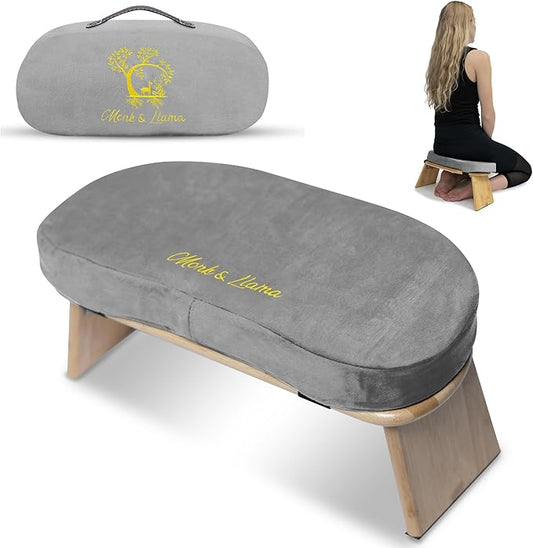 Monk & Llama Meditation Bench - Kneeling Bamboo Bench with Foldable Legs & Cushion — Perfect Kneeling Stool Ergonomic Bamboo Yoga Bench for Extended Practice - Includes Carrying Bag