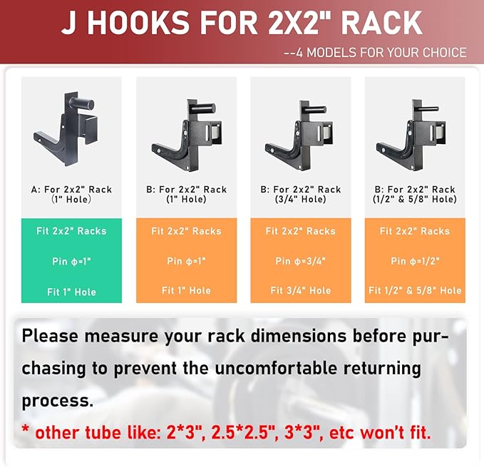 SYL Fitness 2x2 J-Hooks Power Rack Attachment Barbell Holder/Squat Rack Accessories J Cups, Pin Dia Available in 1", 1/2" and 3/4"