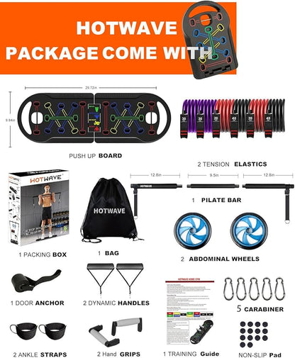 HOTWAVE Portable Exercise Equipment with 16 Gym Accessories.20 in 1 Push Up Board Fitness,Resistance Bands with Ab Roller Wheel,Full Body Workout at Home