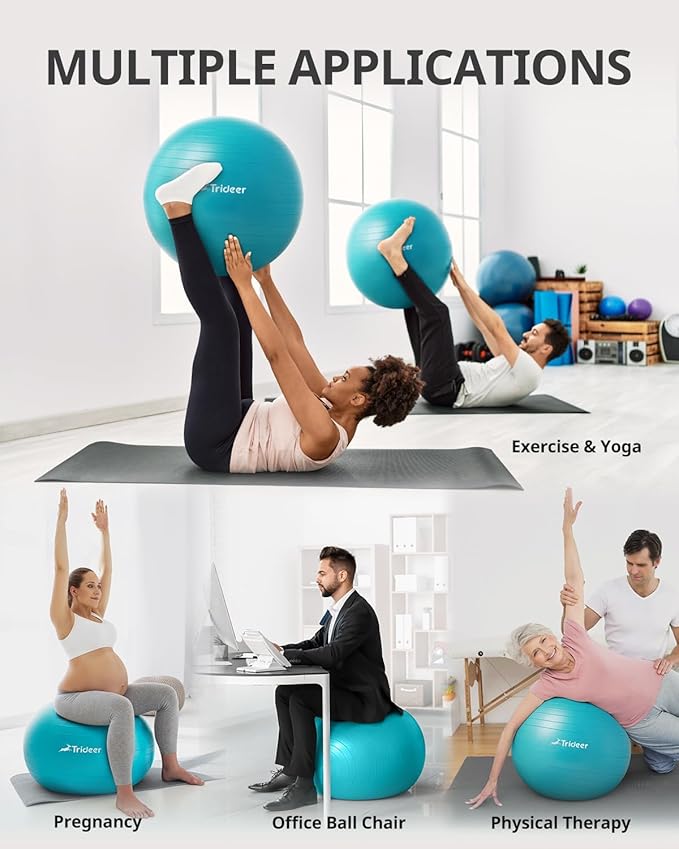 Trideer Yoga Ball Exercise Ball for Working Out, 5 Sizes Gym Ball, Birthing Ball for Pregnancy, Swiss Ball for Physical Therapy, Balance, Stability, Fitness, Office Ball Chair, Quick Pump Included