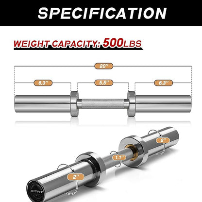 RITFIT 16”/20” Olympic Dumbbell Handles Pair of 500lbs Capacity Loadable Dumbbell Bars with Collars for 2” Olympic Weight Plates Adjustment Perfect for Strength Training in Home Gym