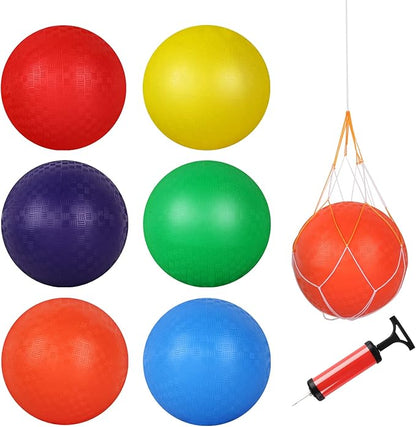 Hxezoc 6 Pack 8.5 Inch Playground Balls with 1 Hand Pump and 6 Portable Ball Net Bags Inflatable Dodgeballs for Kids and Adults Kickball, Handball, Camps, Indoor & Outdoor Schoolyard Games