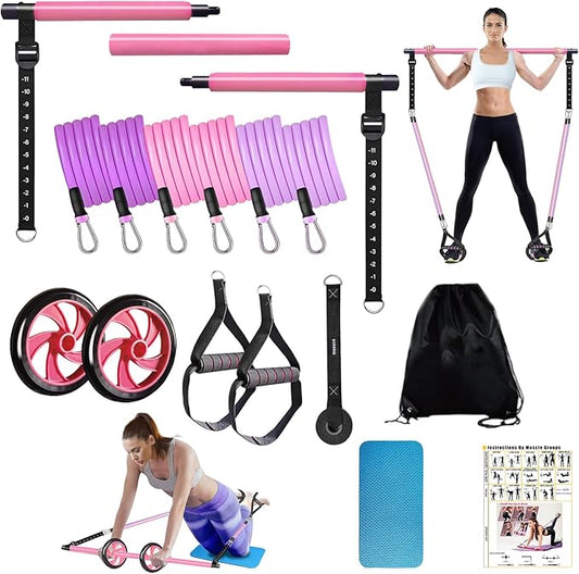 Pilates Bar Kit with Resistance Bands for Working Out, Pilates Equipment with Ab Roller for All Fitness Levels, Portable Home Gym Full Body Workout Equipment for Women&Men