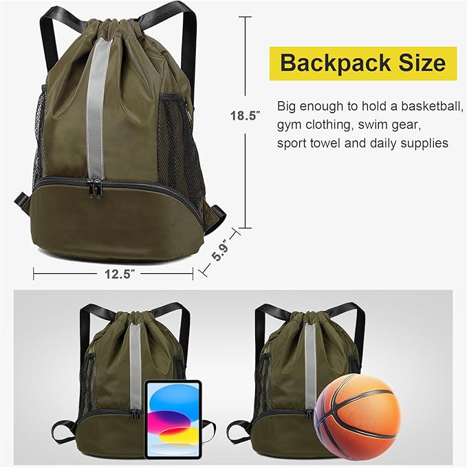 BeeGreen Drawstring Backpack Sports Gym Bag With Shoe Compartment and Two Water Bottle Holder …