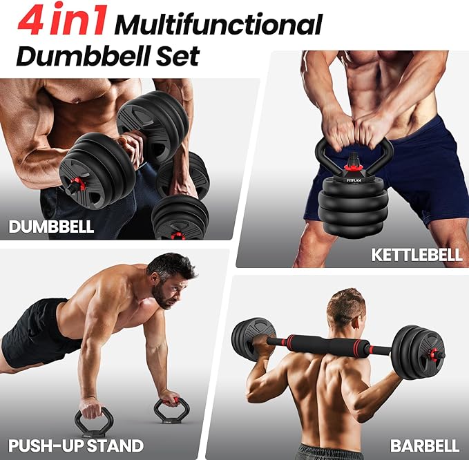 Adjustable dumbbell set, 20/35/55/70lbs Free Weights set with upgraded nut, 4 in 1 Weight Set Used as Kettlebells, Barbell, Push up Stand, Fitness Exercise for Home Gym Suitable Men/Women