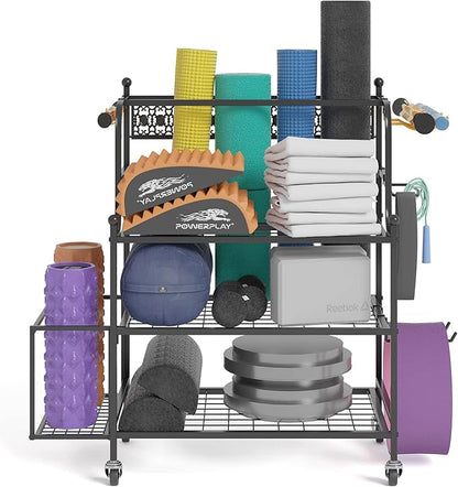 Y&M Yoga Mat Storage Racks, Home Gym Storage Rack for Organizing Kettlebells Dumbbells Foam Roller, All-in-One Workout Equipment Storage Organizer with Hooks and Wheels, Yoga Strap and Resistance Band