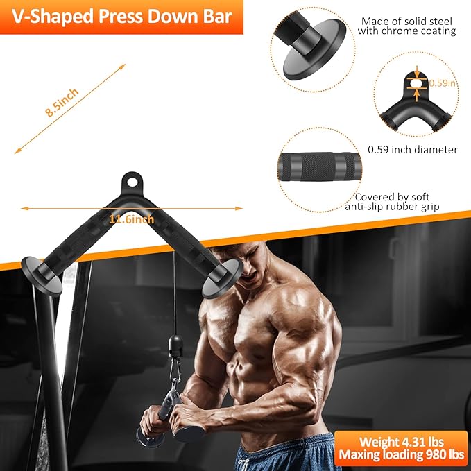 LAT Pulldown Bar Attachments, Cable Machine Accessories for Home Gym, Triceps Rope Pull Down Equipment Weight Fitness & Power Exercise Set for Arm Strength Workout Training