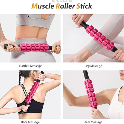 5 in 1 Foam Roller Set for Deep Tissue Muscle Massage, Trigger Point Fitness Patented Exercise Foam Roller, Massage Roller, Massage Ball, Stretching Strap, for Whole Body (Pink-Black)