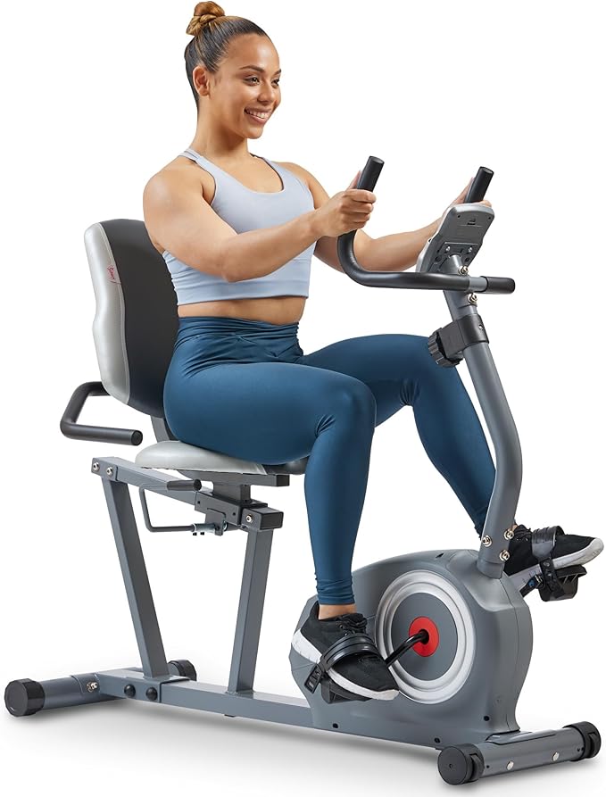 Sunny Health & Fitness Magnetic Recumbent Bike w/Adjustable Wide Cushion Seat, Home Stationary Exercise Machine for Adult/Seniors, Optional Arm Exerciser & Exclusive SunnyFit App Bluetooth Connection