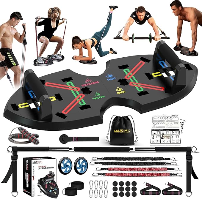 Ultimate Push Up Board, Portable at Home Gym, Strength Training Equipment for Men, Home Workout Equipment with 15 Gym Accessories, Foldable Pushup Bar with Resistance Band, Pilates Bar, Jump Rope