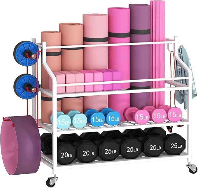 VILAWLENCE Yoga Mat Storage Rack Cart,Home Gym Multifunctional Removable Rack for Dumbbells Kettlebells Rope,Large Capacity Organizer Storage Cart for Home Exercise Equipment