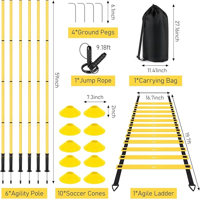 Soccer Agility Training Equipment: 6 Soccer Agility Poles, 20ft Agility Ladder, 10 Soccer Cones, 1 Jump Rope. Soccer Training Poles for Speed Training, Agility Training