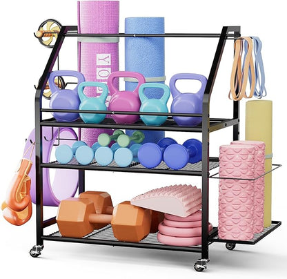 Dumbbell Rack for Home Gym - Yoga Mats Holder, Workout Equipment Storage for Kettlebells, Strength Training, Weight Rack, Gym Organizer with Wheels and Hooks