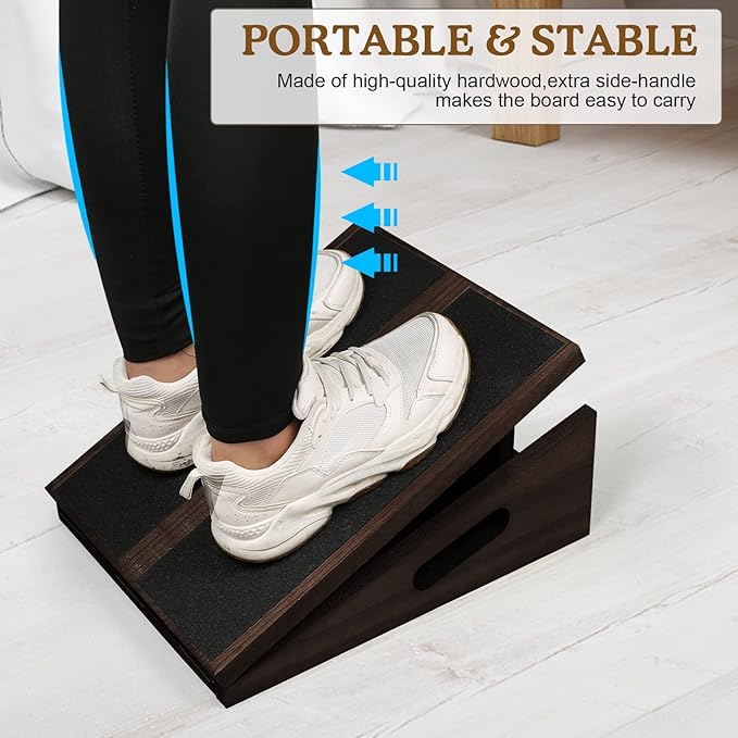 Professional Slant Board Calf Stretcher: Adjustable Incline Stretch Squat Wedge, Posture Board Wooden Physical Therapy Equipment, Non Slip Achilles Stretcher with Extra Side Handle - Walnut Color