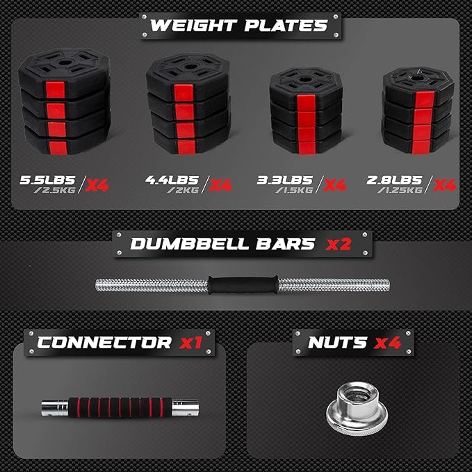 Yes4All Upgraded 44/66lbs Pair Adjustable Weights Dumbbells Set with Connector, Stainless Steel Handle, Cement Mixture