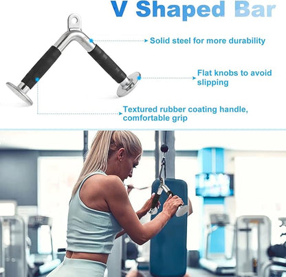 Triceps Pull Down Cable Machine Attachments for Home Gym Workout, 7 Piece Set Multi-Option, V Handle with Rotation, Rotating Straight Bar, V-Shaped Bar, Tricep Rope, Ankle Straps,Chrome