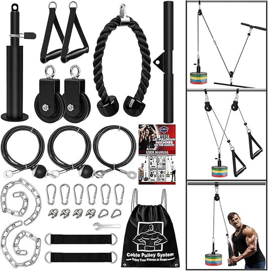 Cable Pulley System Fitness Home Gym Accessories Pro Weight Lifting Exercise Equipment for LAT Pulldowns Biceps Curl Triceps Extensions Forearm Workout （3 Cables + 2 Chains）