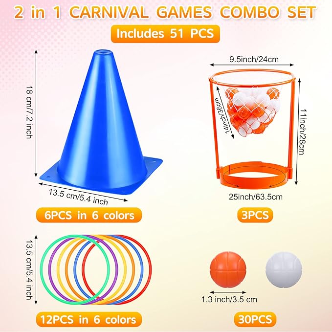 Sotiff 51 Pcs Carnival Games for Kids Adults Include Plastic Cones Ring Toss Combo and Head Hoop Basketball Game Carnival Birthday Party Throwing Games Indoor Outdoor Activity Back to School Gift