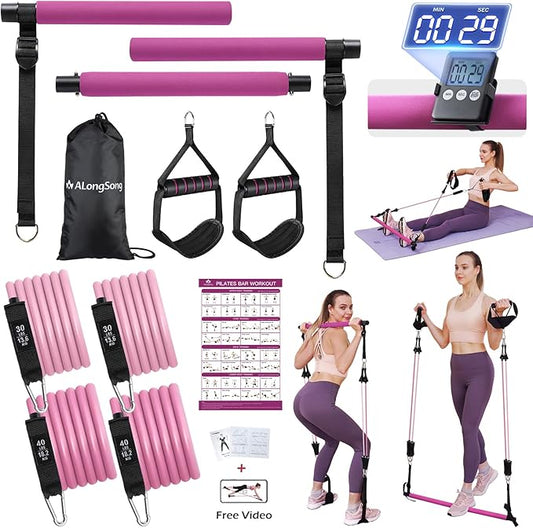 Portable Pilates Bar Kit with Resistance Bands for Women & Men, Upgraded 3 Section Multifunctional Yoga Pilates Stick for Home Gym Exercise Fitness Equipment Supports Full-Body Workouts