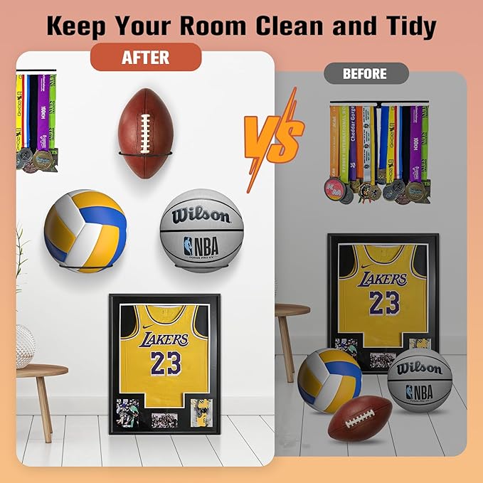 WUC Basketball Holder Wall Mount, Sports Room Decor Ball Storage Rack for Balls, Boys Room Accessories for Basketball, Soccer Ball, Volleyball, Football, Rugby