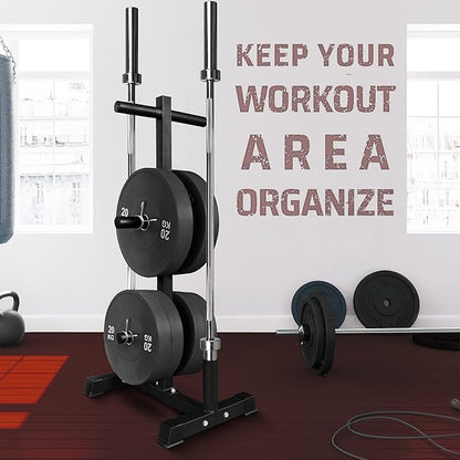 Yes4All Weight Plate Tree Holder & Vertical Barbell Storage Rack For Home Gym, 6-Pegs Olympic Weight Plate & 2 Barbells