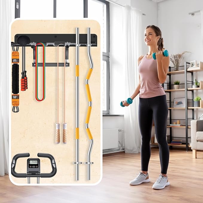 FizLig Gym Equipment Storage Rack - Multi-Purpose Home Gym Organization Storage Wall Mount for Resistance Bands, Jump Ropes, Lifting Belt, Chains, Barbells (16" / 8 Prongs)