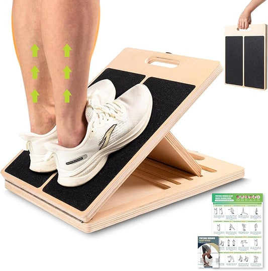 Slant Board for Calf Stretching, Adjustable Portable Wooden Incline Board for Calf Stretcher with Training Poster, 300 Lbs Weight Capacity Calf Stretch Wedge for Exercise, Squat & Physical Therapy