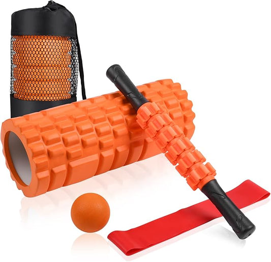 5 in1 Foam Roller Set, Trigger Point Foam Roller, Yoga Stick, Massage Ball, Fitness Stretching Strap, Carrying Bag, Towel, Massage Roller for Deep Muscle Massage Pilates Yoga, Orange