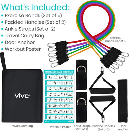 Vive Resistance Bands with Handles (11 Pcs) - Tube Rehab Band Set - Shoulder Pulley Door Anchor - 2 to 70 LBs Tension - Home Workout Elastic Fitness Equipment - Men, Women Training Therapy