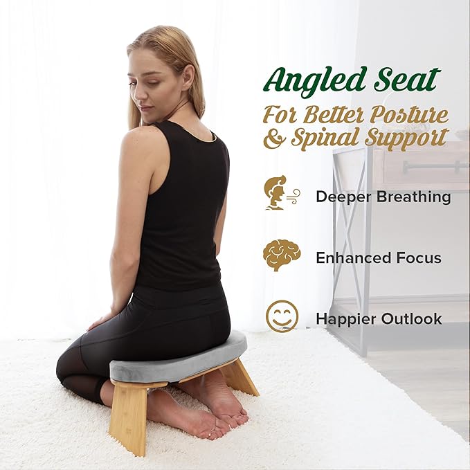 Monk & Llama Meditation Bench - Kneeling Bamboo Bench with Foldable Legs & Cushion — Perfect Kneeling Stool Ergonomic Bamboo Yoga Bench for Extended Practice - Includes Carrying Bag