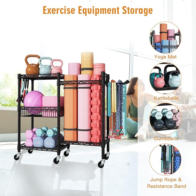 S2 Home Gym Storage, Rolling Yoga Mat Storage and Organizer, Sport Equipment Rack for Dumbbells, Kettlebells, Foam Rollers, Resistance Bands, 11.8" D x 36" W x 32.5" H, Black