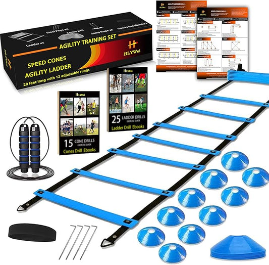 Speed Agility Training Set, includes 1 Agility Ladder, 4 Steel Stakes, 1 Sports Headband,1 Jump Rope, 10 Disc Cones and Gym Carry Bag - Speed Training Equipment for Soccer Football Basketball