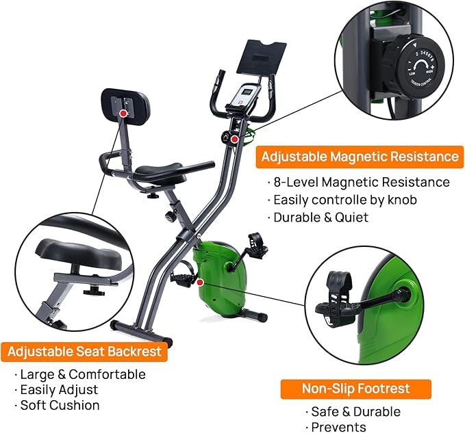 Indoor Folding Exercise Bike, Semi Recumbent Magnetic Upright Exercise Bike, Magnetic X-Bike with 8-Level Magnetic, Adjustable Seat Backrest , Pulse Sensors and Tablet Holder & Bottle Holder for