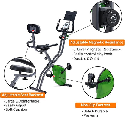 Indoor Folding Exercise Bike, Semi Recumbent Magnetic Upright Exercise Bike, Magnetic X-Bike with 8-Level Magnetic, Adjustable Seat Backrest , Pulse Sensors and Tablet Holder & Bottle Holder for