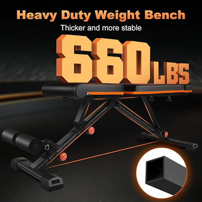 Adjustable Weight Bench for Home Gym, 660 Lb Stable Foldable Workout Bench, Extended Head and Neck Protection Design, 3 Sec Fast folding, Full Body strength Training Exercise Bench