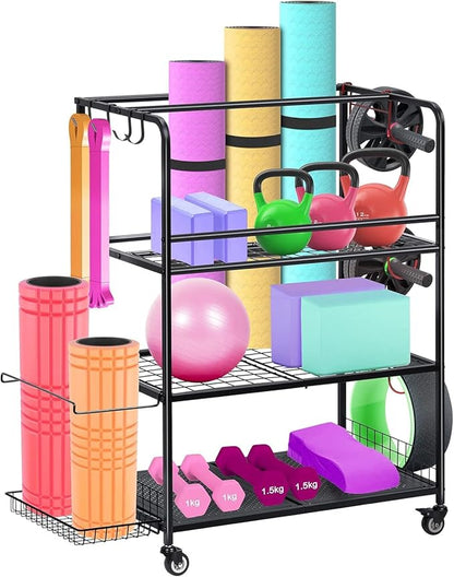 HEOMU Yoga Mat Storage Rack, Home Gym Storage Rack for Dumbbells Kettlebells, Gym Organizer Gym Equipment Storage Cart with Wheels and Hooks, Black