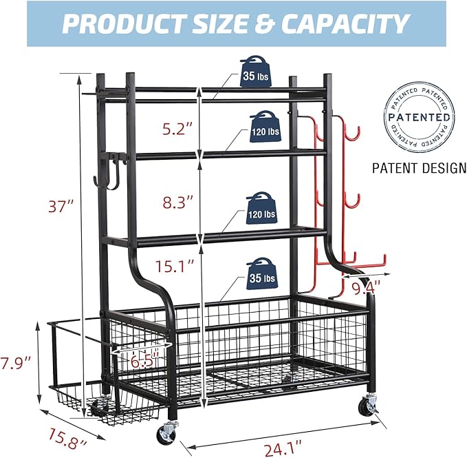 PLKOW Dumbbell Rack, Weight Rack for Dumbbells, Home Gym Storage for Dumbbells Kettlebells Yoga Mat and Balls, All in One Workout Storage with Wheels and Hooks, Powder Coated Finish Steel