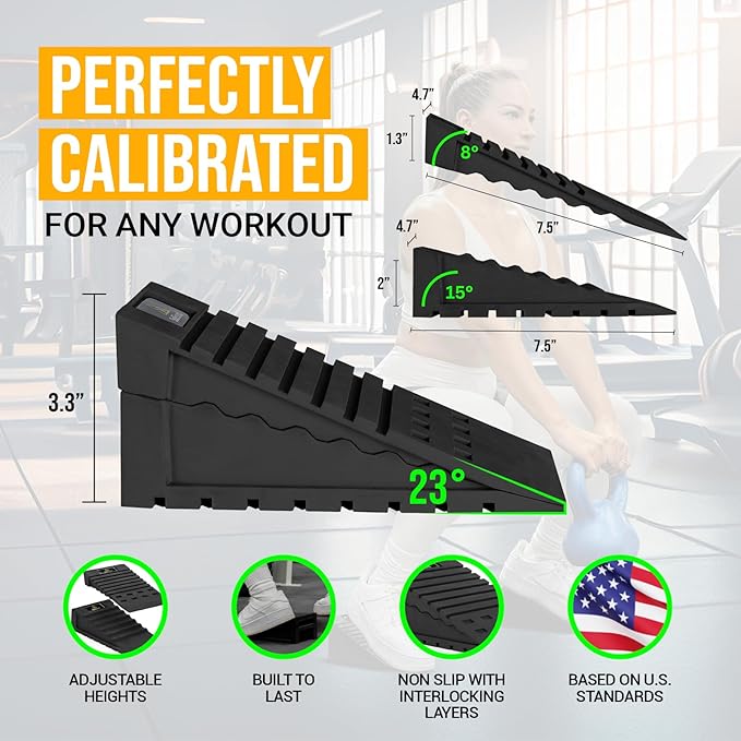 Squat Wedge Block 8 PC Set - Adjustable Slant Board for Weight Lifting - Stretching Equipment for Hamstring, Calf, Foot, Ankle, Achilles and More - Elevated Heel Design with Incline for Exercise Black