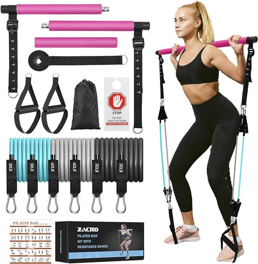 Zacro Pilates Bar Kit with Resistance Bands, 3-Section Pilates Bar with Adjustable Strap, Door Anchor, Handles and Foot Strap, Portable Home Gym Pilates Resistance Bar Kit for Full Body Workouts