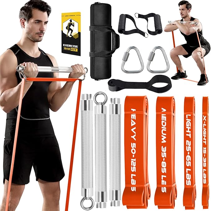 Resistance Band Bar, 500 LBS Load Strength Training Bar with 4 Heavy Resistance Bands with Bar for Chest Press Deadlift Squats Curl, Workout Bands with Handles, Portable Home Workout Equipment