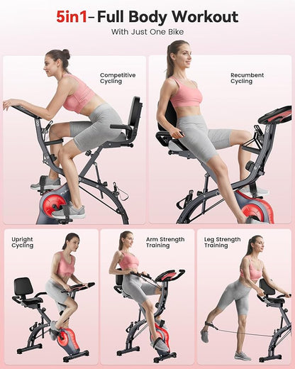 Folding Exercise Bike, Indoor Stationary Bike 16-Level Magnetic Resistance with Arm Resistance Band, Back Support Cushion Workout Bike for Home Workout Gym