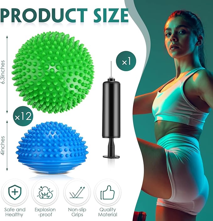 12 Pack Hedgehog Balance Pods Stability Balance Trainer Dots with Needle Pump Half Spiky Fitness Ball Domes for Kids Adults Stability Training, Physical Therapy, Core Strength Gymnastics Home Exercise