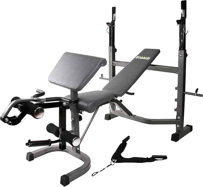 Body Champ Olympic Weight Bench, Workout Equipment for Home Workouts, Bench Press with Preacher Curl, Leg Developer and Crunch Handle At Dark Gray/Black, BCB5860