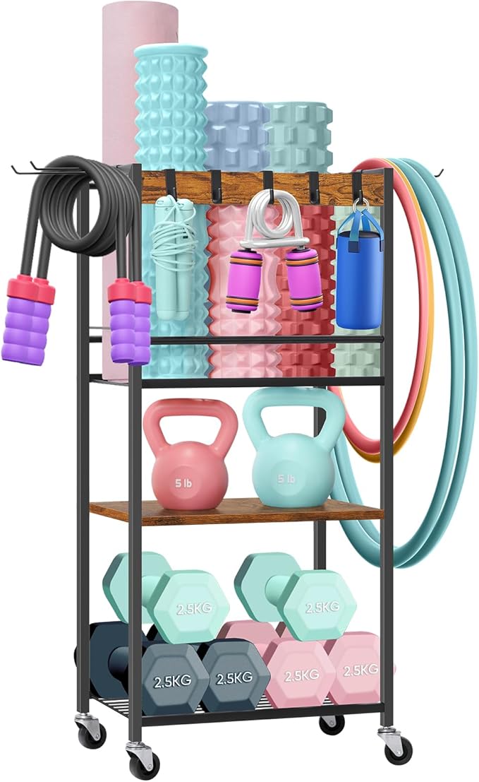 Home Gym Storage Rack, Yoga Mat Storage Racks, Workout Equipment Storage Organizer for Yoga Ball Dumbbell Kettlebells Foam Roller Resistance Bands, Exercise Shelf with Hooks and Wheels