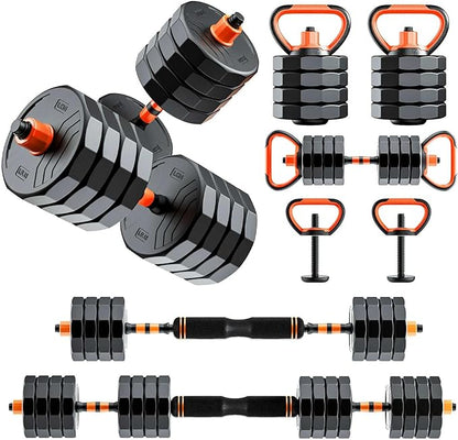 RUNWE Adjustable Dumbbell Barbell Set - 33/44/66/88lb Dumbbell Set, 4 in1 Dumbbell, Adjustable Kettlebell Pair, Barbell and Push up Bar, All-in-one Free Weight [Upgraded Double-lock Nuts]